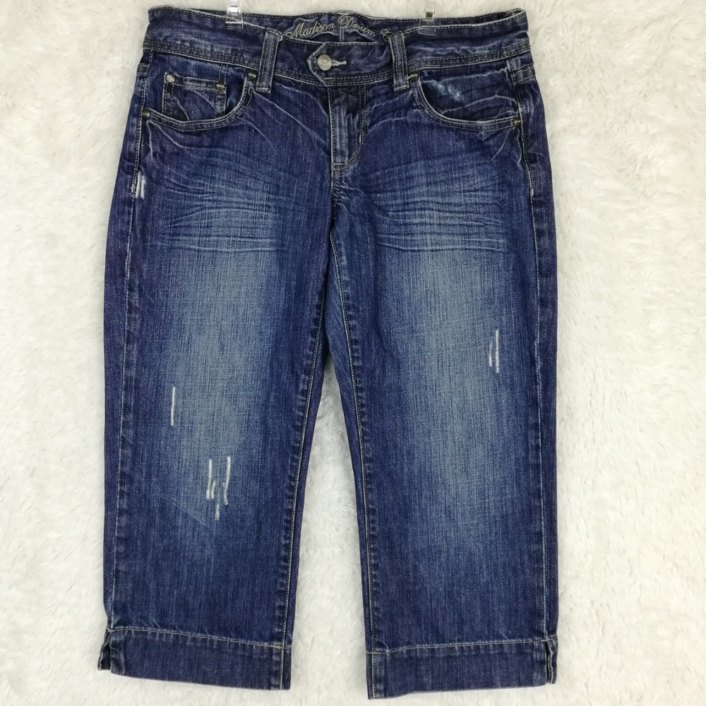 Madison Denim Co. Jeans Womens Capri Blue Denim Medium Wash Low Rise Distress 6